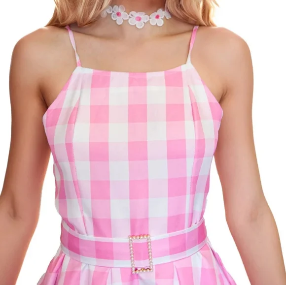 Pink & White Gingham Tie Shoulder Fit To Flare Dress + Costume Accessories (L) - Picture 6 of 16